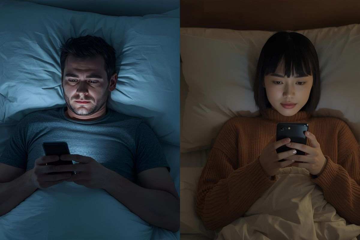 Due amici che chattano a letto 