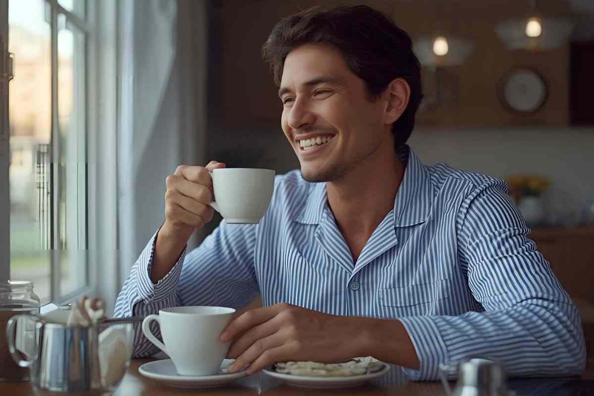 Persona che fa colazione di buon umore 